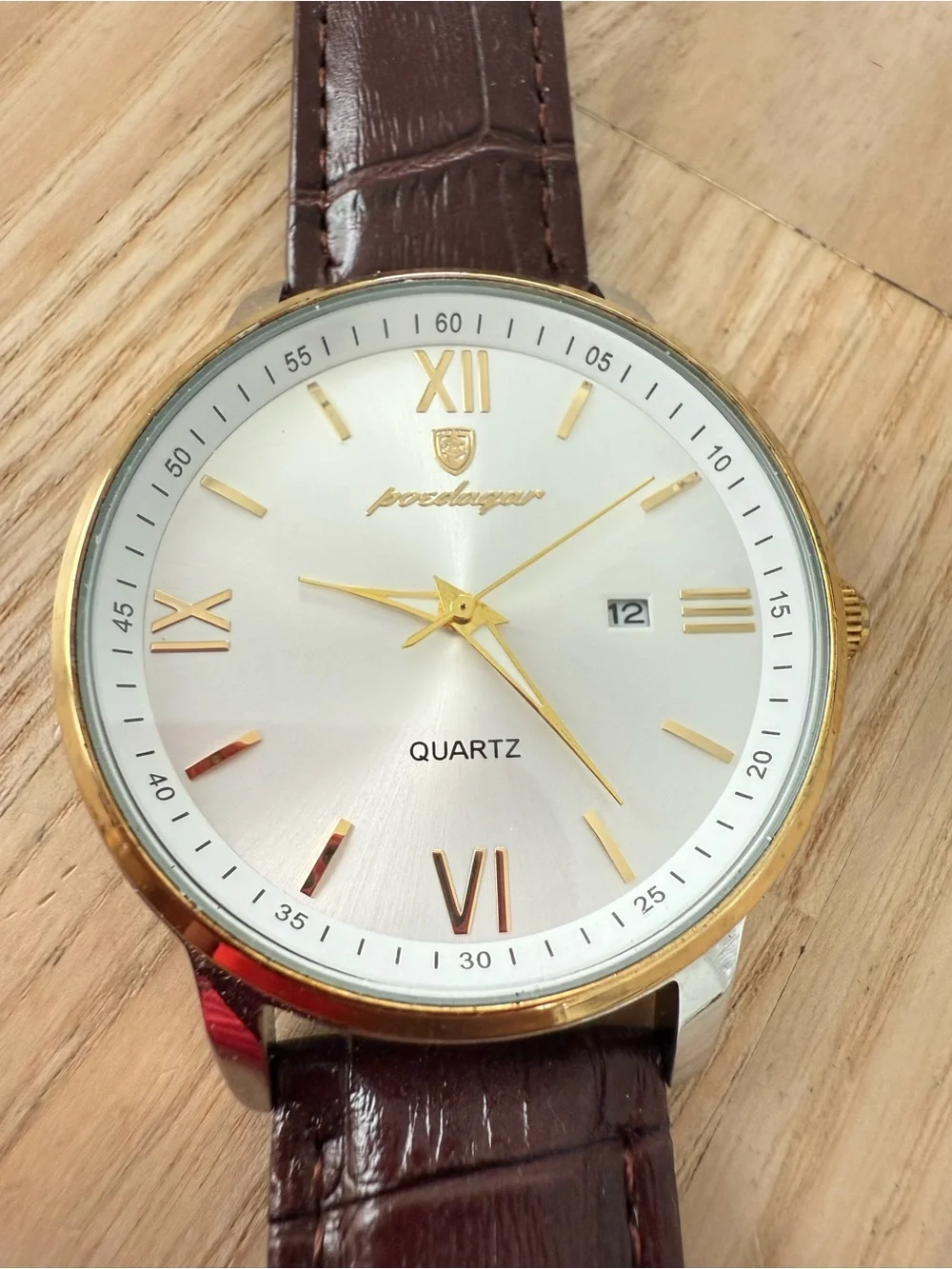 Poedagar men’s gold tone brown leather fashion watch NEW BATTERY